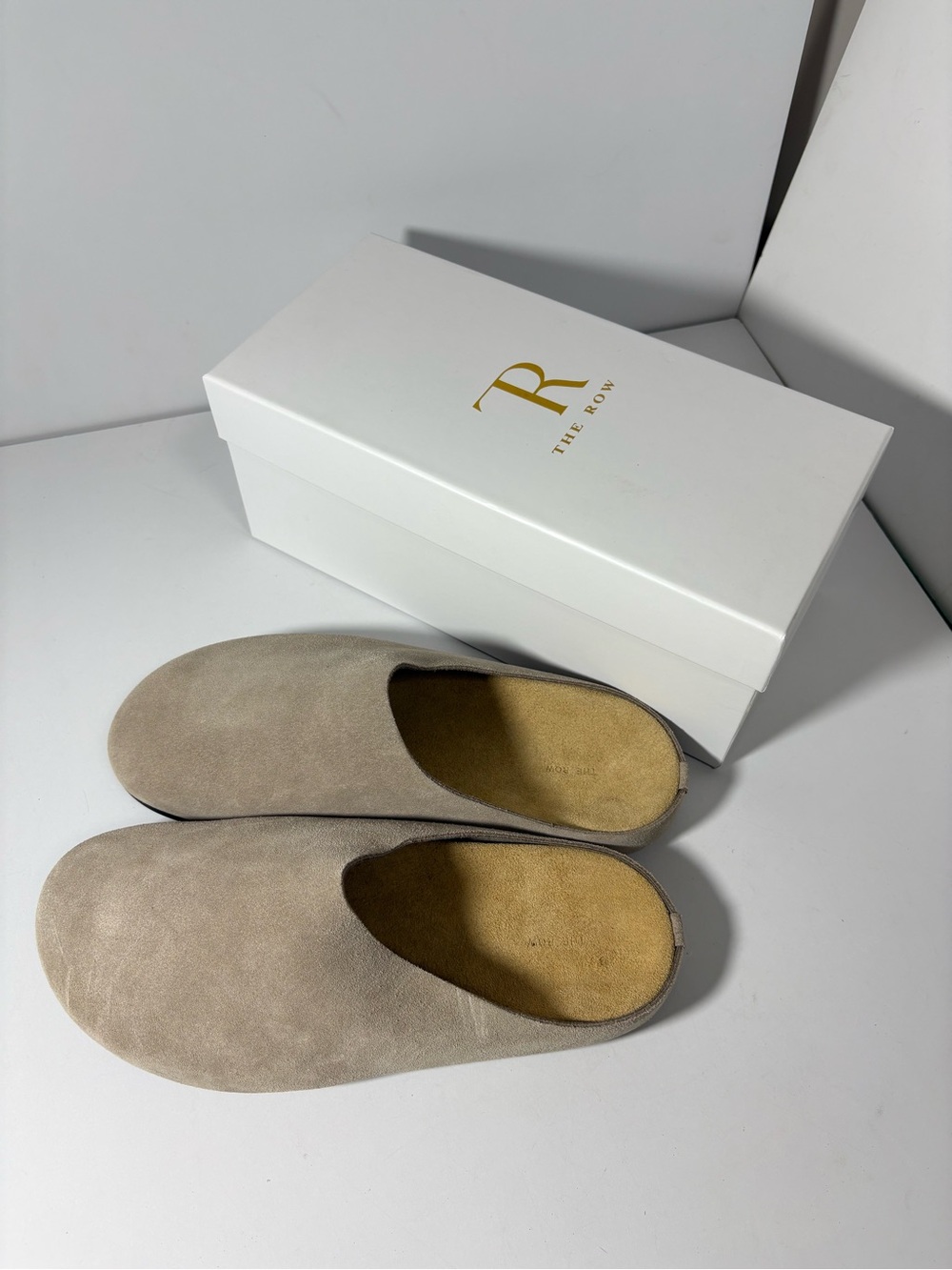 The Row Women’s Suede Slip-On Slippers in Taupe